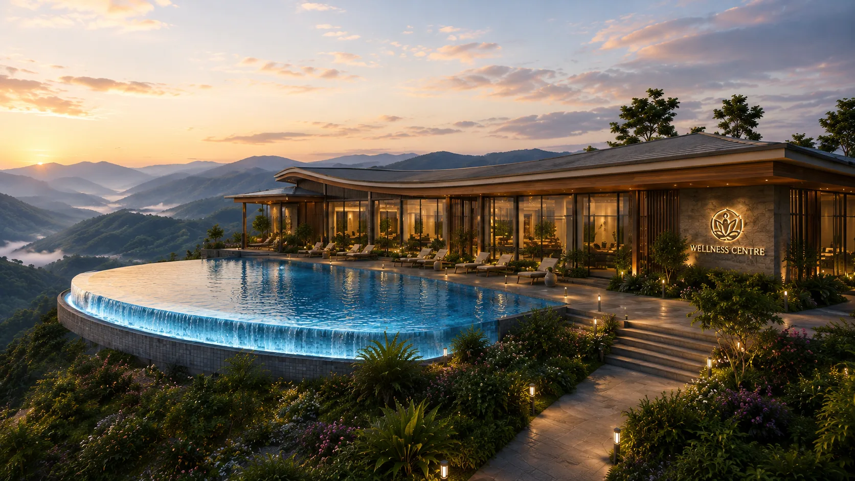 Wellness centre with a curved infinity pool overlooking misty hills at sunset